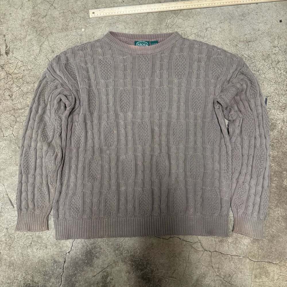 IZOD Vintage Brown Cable Knit Crewneck Cotton Sweater Size Medium